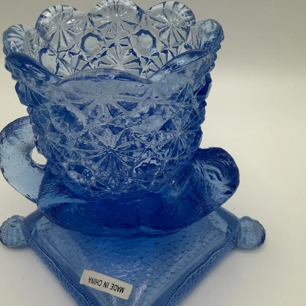 Cobalt Blue Pressed Glass Footed Toothpick Holder Scalloped Rim NIB‎